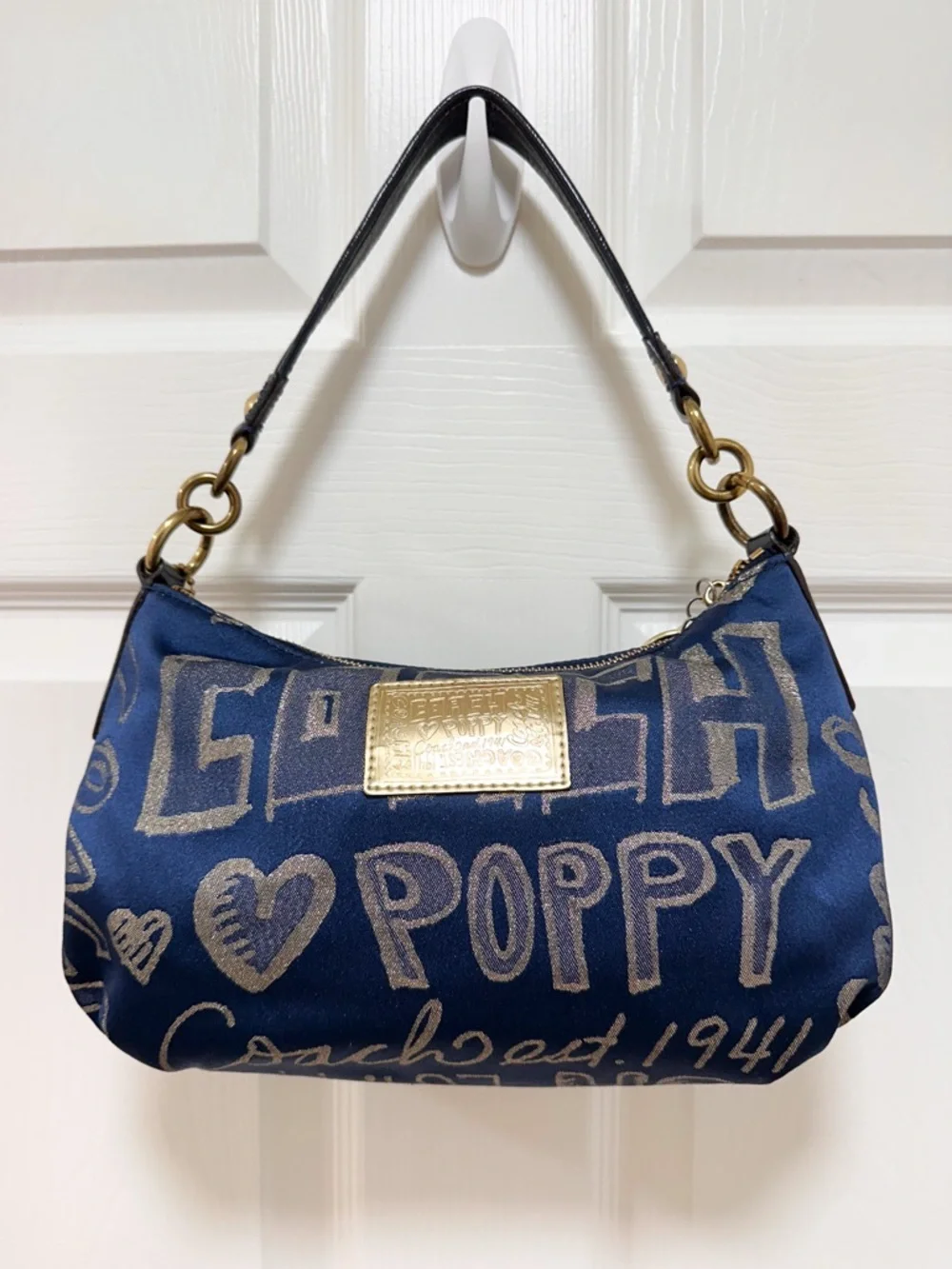 Coach Poppy Story Patch Bag Navy Metallic Gold Graffiti Satin 2Way